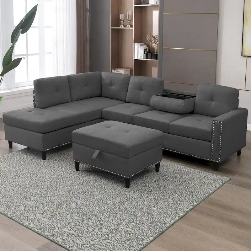 Canapé d'angle en L Mixoy avec 2 porte-gobelets, pouf de rangement