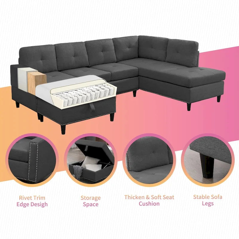 Canapé d'angle en L Mixoy avec 2 porte-gobelets, pouf de rangement