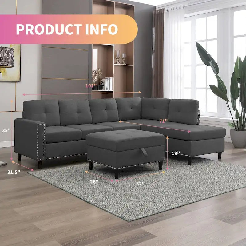 Canapé d'angle en L Mixoy avec 2 porte-gobelets, pouf de rangement