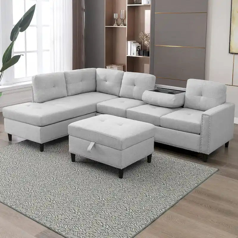 Canapé d'angle en L Mixoy avec 2 porte-gobelets, pouf de rangement