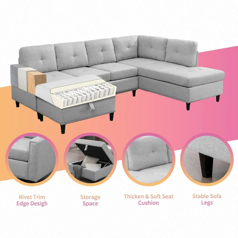 Canapé d'angle en L Mixoy avec 2 porte-gobelets, pouf de rangement
