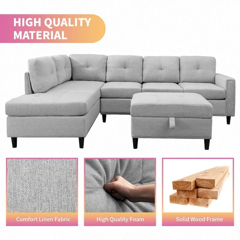 Canapé d'angle en L Mixoy avec 2 porte-gobelets, pouf de rangement