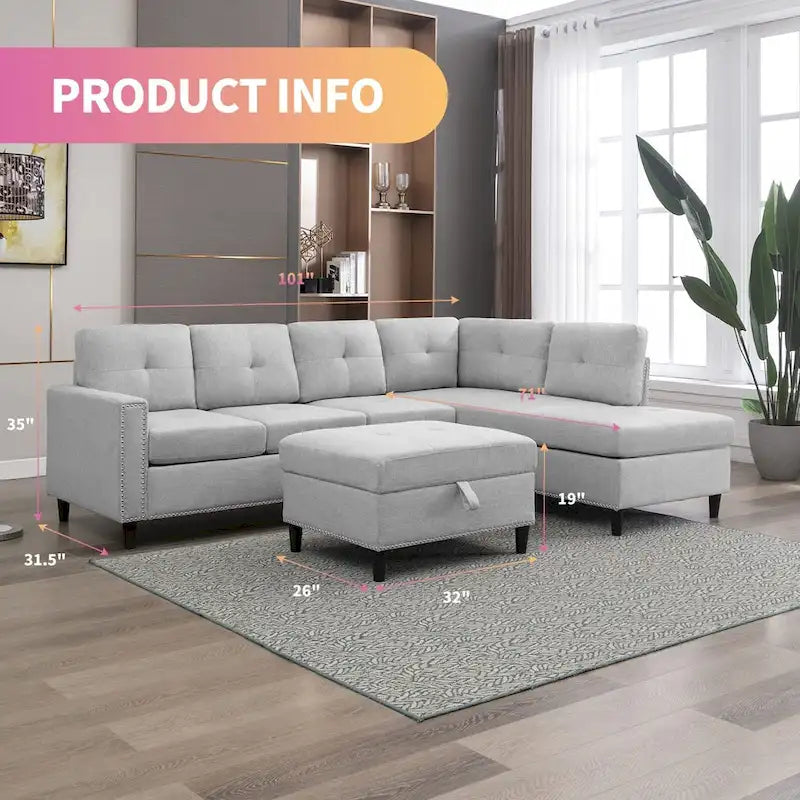 Canapé d'angle en L Mixoy avec 2 porte-gobelets, pouf de rangement