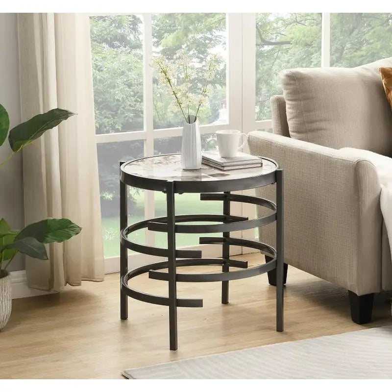 Table d'appoint ronde moderne avec plateau en pierre frittée, table d'appoint chromée/argentée pour salon 52,5 L x 52,5 P x 55 H cm