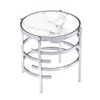 Table d'appoint ronde moderne avec plateau en pierre frittée, table d'appoint chromée/argentée pour salon 52,5 L x 52,5 P x 55 H cm
