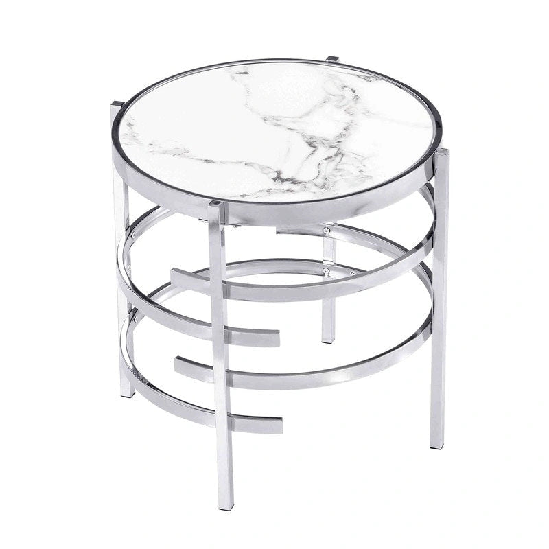 Table d'appoint ronde moderne avec plateau en pierre frittée, table d'appoint chromée/argentée pour salon 52,5 L x 52,5 P x 55 H cm