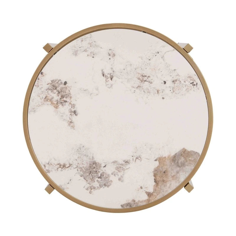 Table d'appoint ronde moderne avec plateau en pierre frittée, table d'appoint chromée/argentée pour salon 52,5 L x 52,5 P x 55 H cm