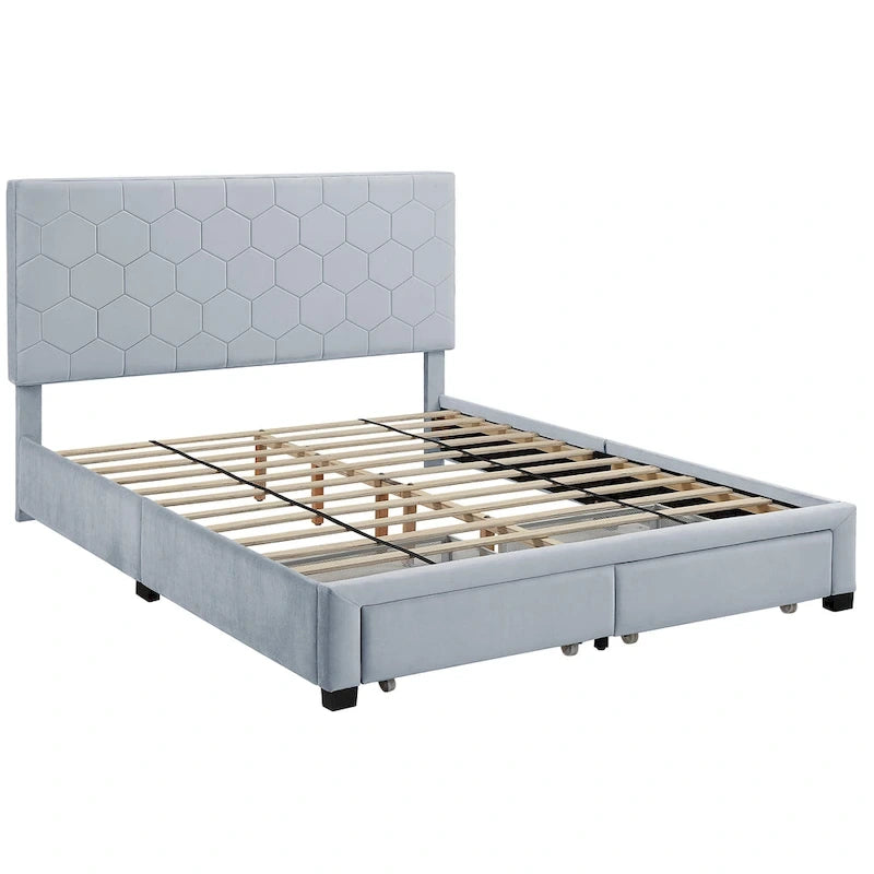 Lit d'appoint capitonné en velours gris moderne avec tête de lit de rangement Honeycomb de Furniture of America