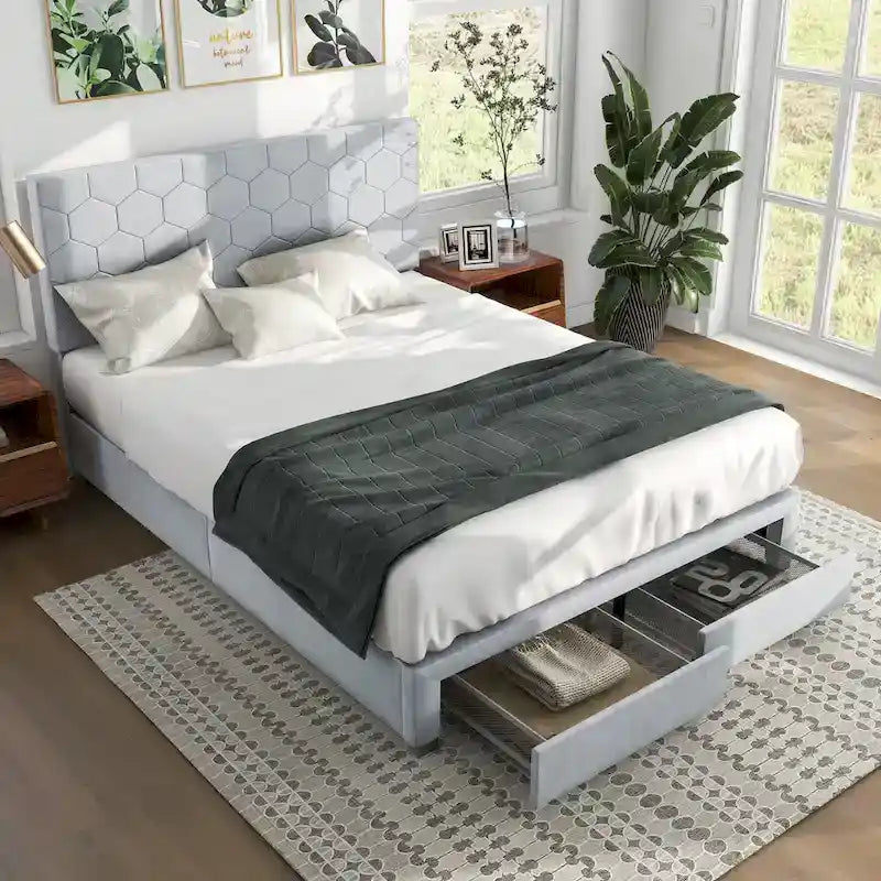 Lit d'appoint capitonné en velours gris moderne avec tête de lit de rangement Honeycomb de Furniture of America