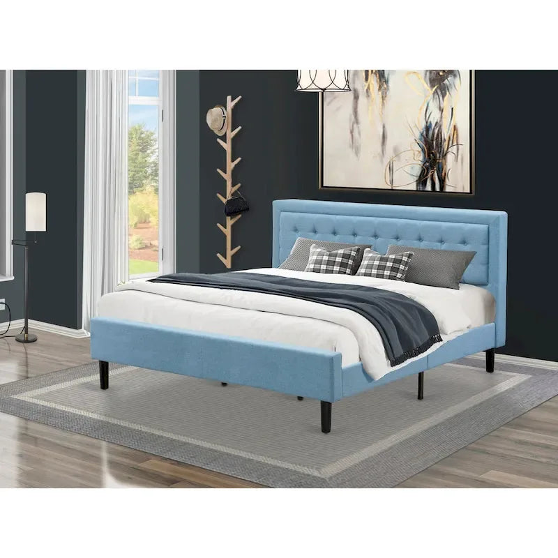 Lit plateforme East West Furniture - Tête de lit en tissu de lin denim avec garniture capitonnée - Pieds noirs (Option de taille et de finition)