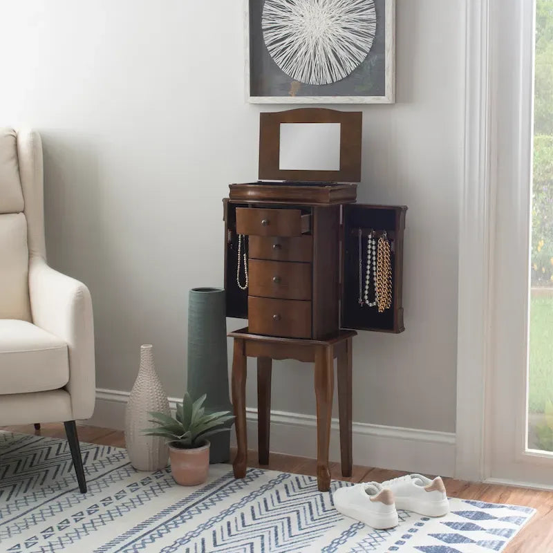 Armoire à bijoux sur pied en noyer et miroir