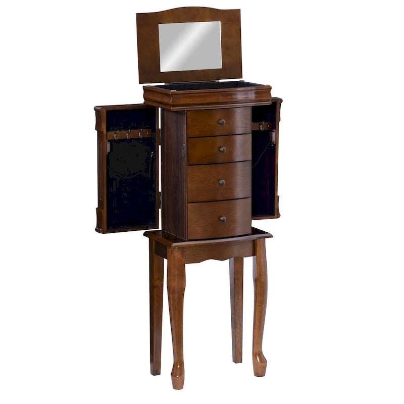 Armoire à bijoux sur pied en noyer et miroir