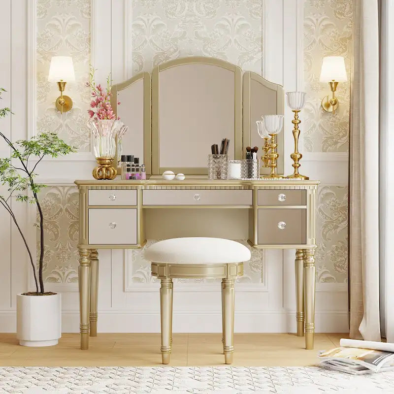 Coiffeuse 43" avec tiroirs miroirs et tabouret pour chambre à coucher