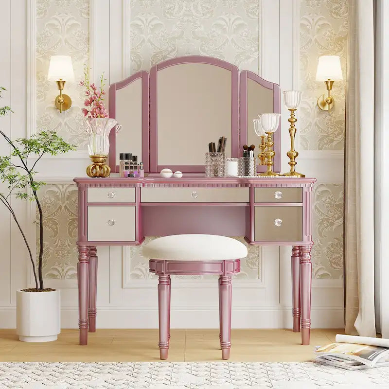 Coiffeuse 43" avec tiroirs miroirs et tabouret pour chambre à coucher