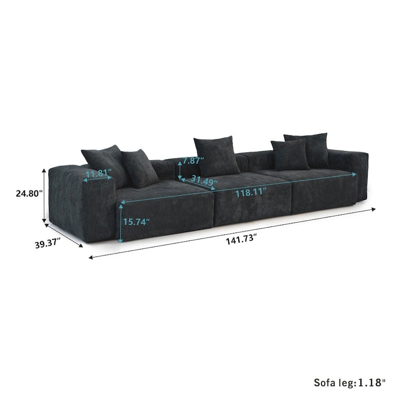 Canapé de 363 cm – Canapé profond avec 5 coussins, canapé 3 places en velours côtelé, canapés modernes pour salon