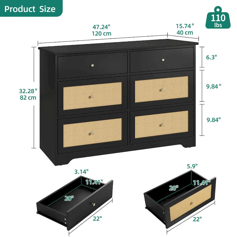 Commode de rangement à 6 tiroirs en rotin Moasis