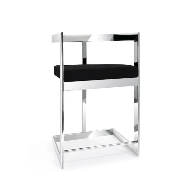 Tabouret de bar velours noir cadre argent poli