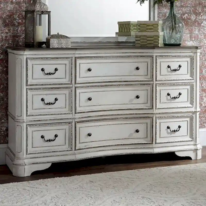 Commode 9 tiroirs blanc antique écorce vieillie Magnolia Manor