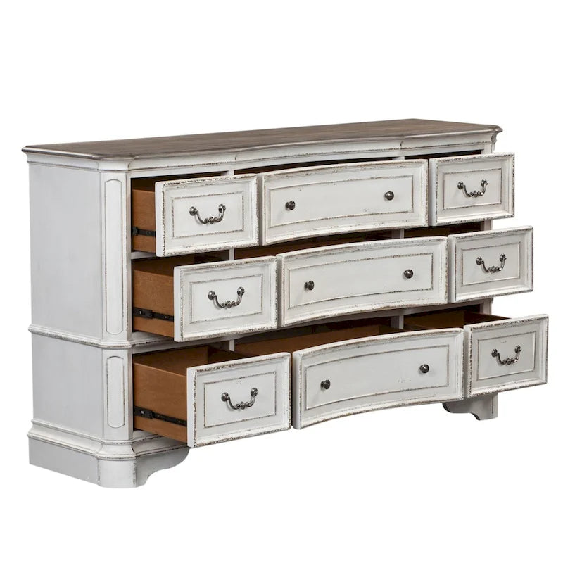 Commode 9 tiroirs blanc antique écorce vieillie Magnolia Manor
