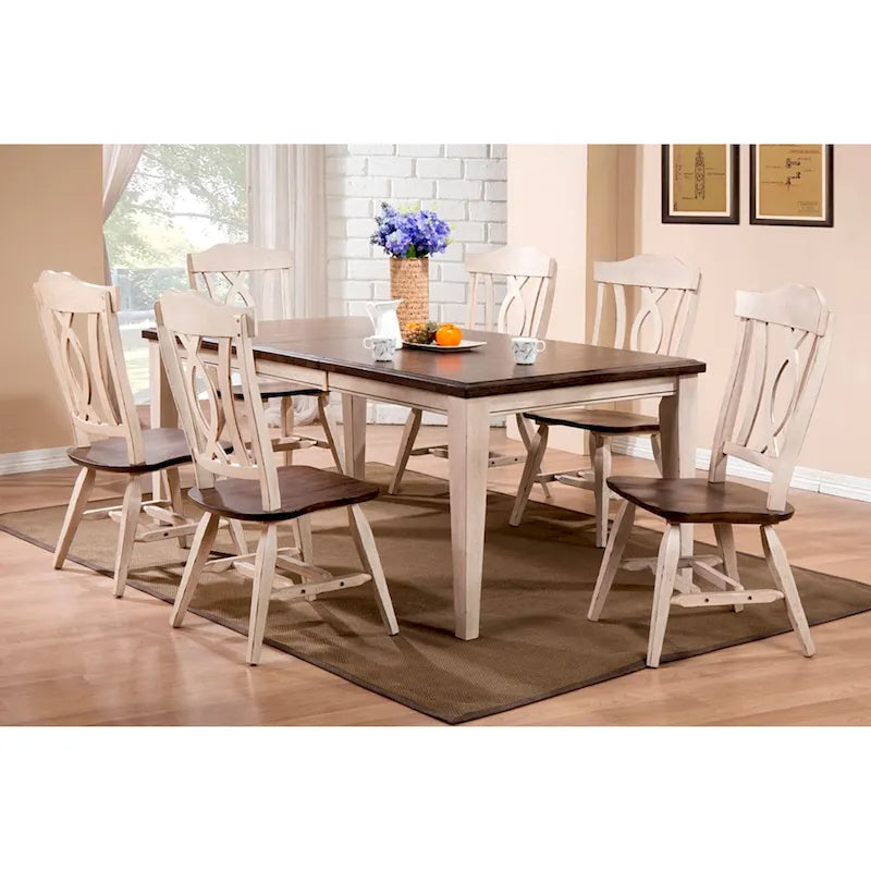 Ensemble de salle à manger 7 pièces en bois massif bicolore marron foncé et blanc extensible