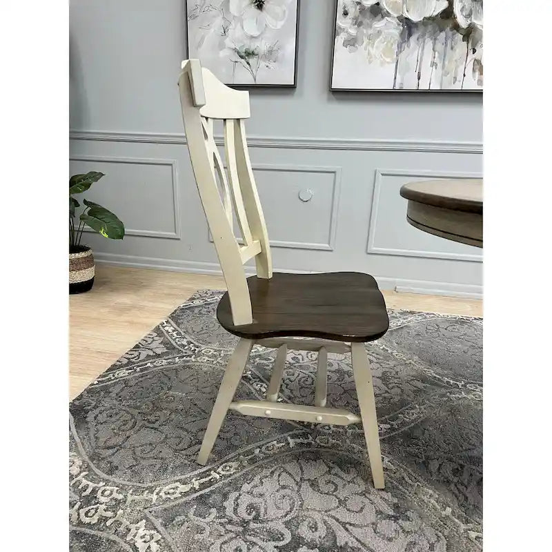 Ensemble de salle à manger 7 pièces en bois massif bicolore marron foncé et blanc extensible