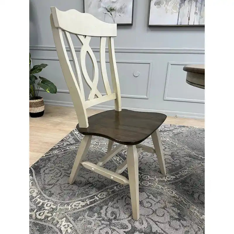 Ensemble de salle à manger 7 pièces en bois massif bicolore marron foncé et blanc extensible
