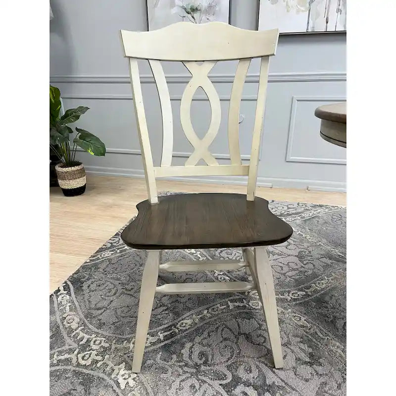 Ensemble de salle à manger 7 pièces en bois massif bicolore marron foncé et blanc extensible