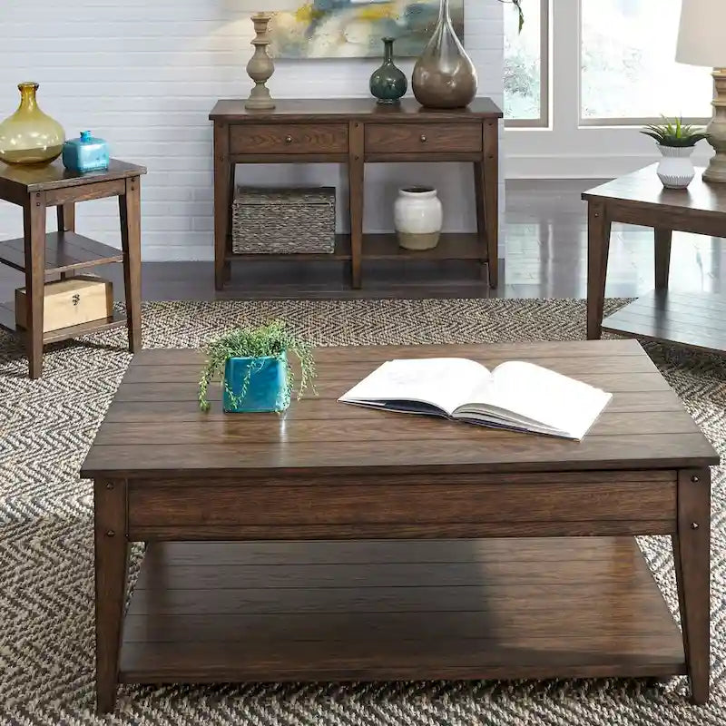 Table d'appoint carrée Liberty Furniture Lake House avec lampe, Chêne rustique marron