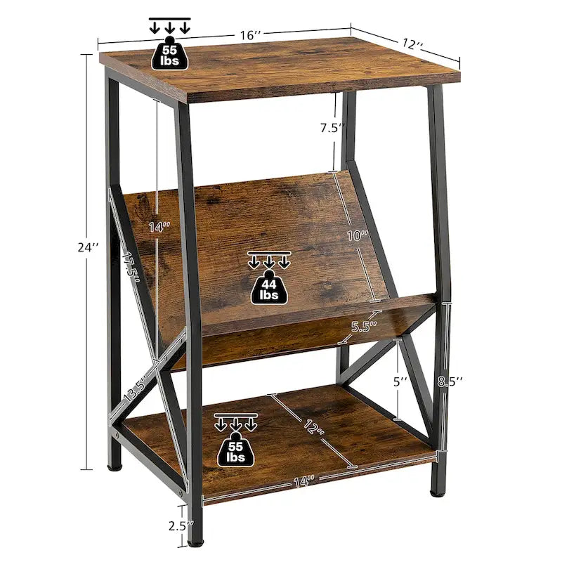Table d'appoint industrielle à 3 niveaux avec étagère de rangement Table de chevet