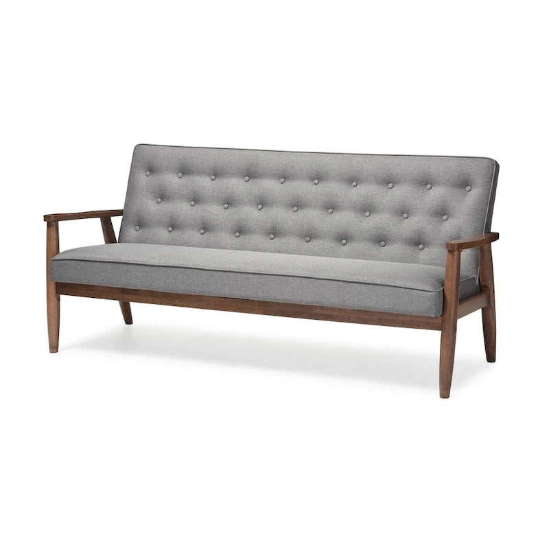 Canapé 3 places Baxton Studio Sorrento en tissu gris, style moderne rétro mid-century, avec structure en bois