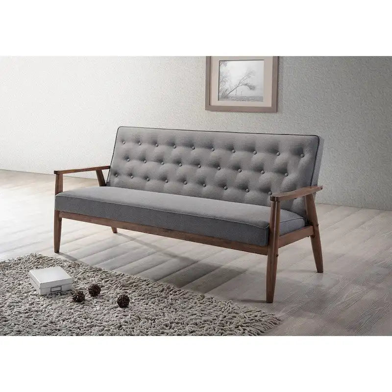 Canapé 3 places Baxton Studio Sorrento en tissu gris, style moderne rétro mid-century, avec structure en bois