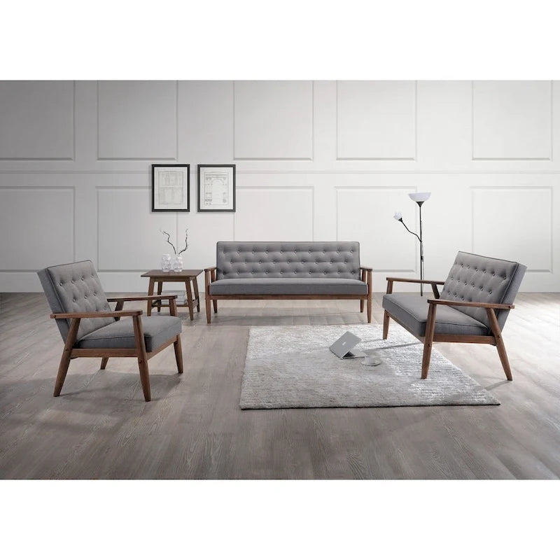 Canapé 3 places Baxton Studio Sorrento en tissu gris, style moderne rétro mid-century, avec structure en bois