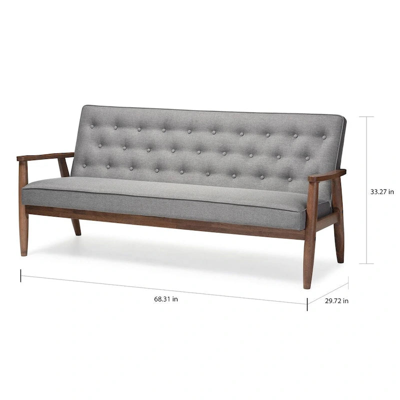 Canapé 3 places Baxton Studio Sorrento en tissu gris, style moderne rétro mid-century, avec structure en bois