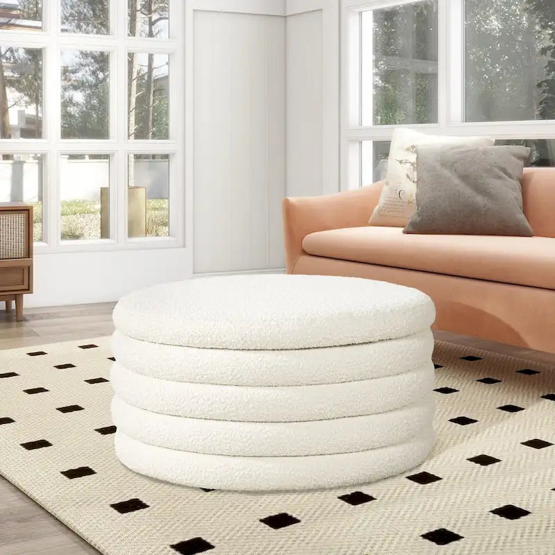 Pouf de rangement et table basse rembourré rond Fuji 36 Boucle Sherpa