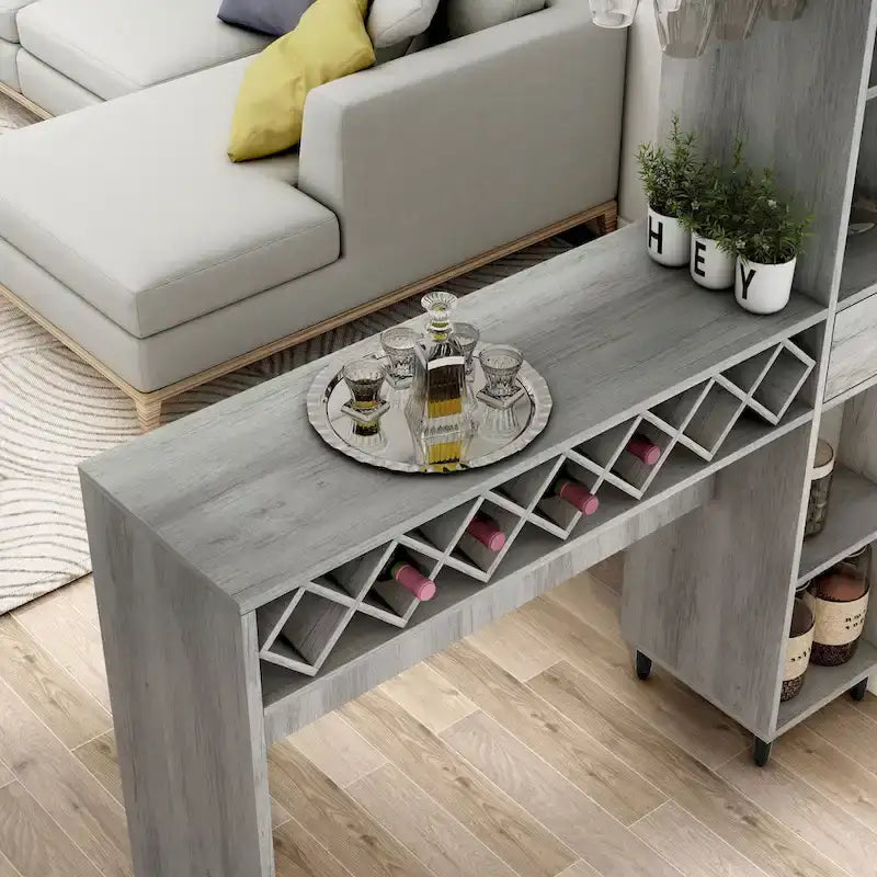 DH BASIC Table de bar transitoire vintage gris chêne à 6 étagères ouvertes avec rangement pour le vin par Denhour