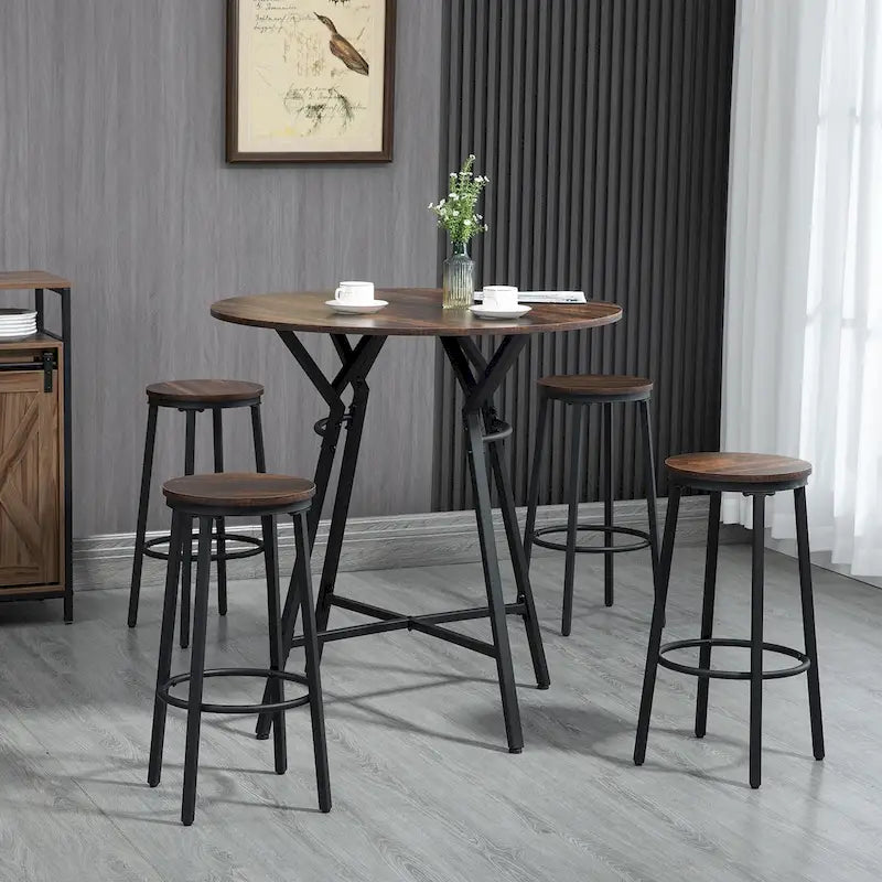 Ensemble de table de bar et 4 tabourets HOMCOM Industriels 5 pièces, Table à manger peu encombrante pour pub et cuisine, Noir et marron