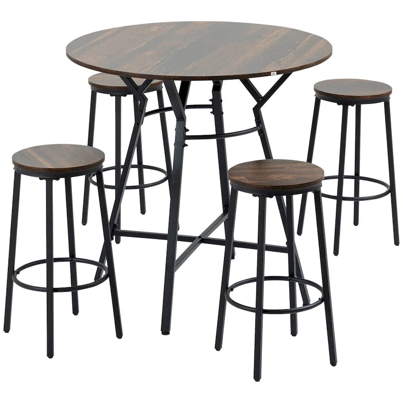 Ensemble de table de bar et 4 tabourets HOMCOM Industriels 5 pièces, Table à manger peu encombrante pour pub et cuisine, Noir et marron