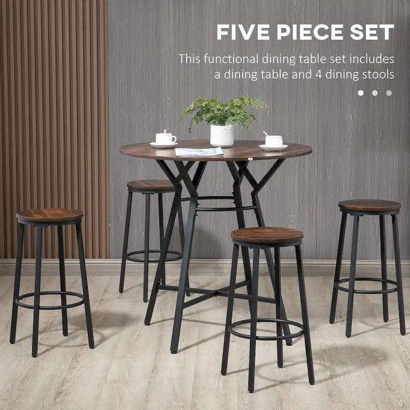 Ensemble de table de bar et 4 tabourets HOMCOM Industriels 5 pièces, Table à manger peu encombrante pour pub et cuisine, Noir et marron