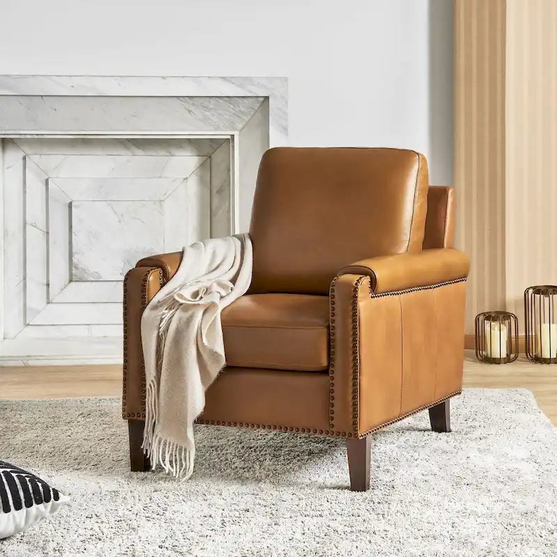 Fauteuil Kunz de transition en cuir véritable avec coussin amovible et clous décoratifs par HULALA HOME