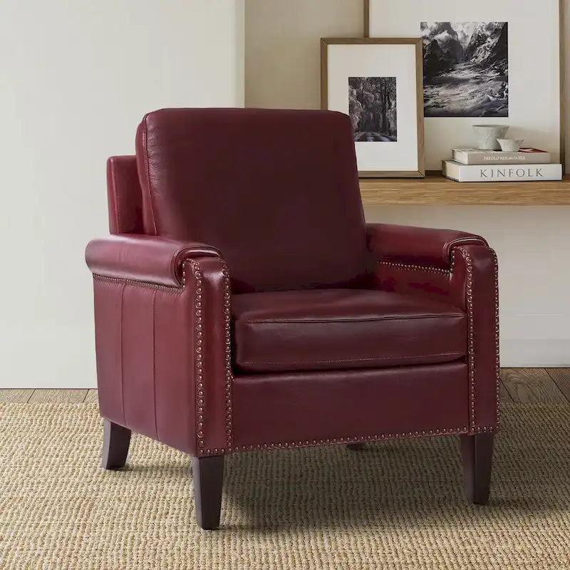 Fauteuil Kunz de transition en cuir véritable avec coussin amovible et clous décoratifs par HULALA HOME
