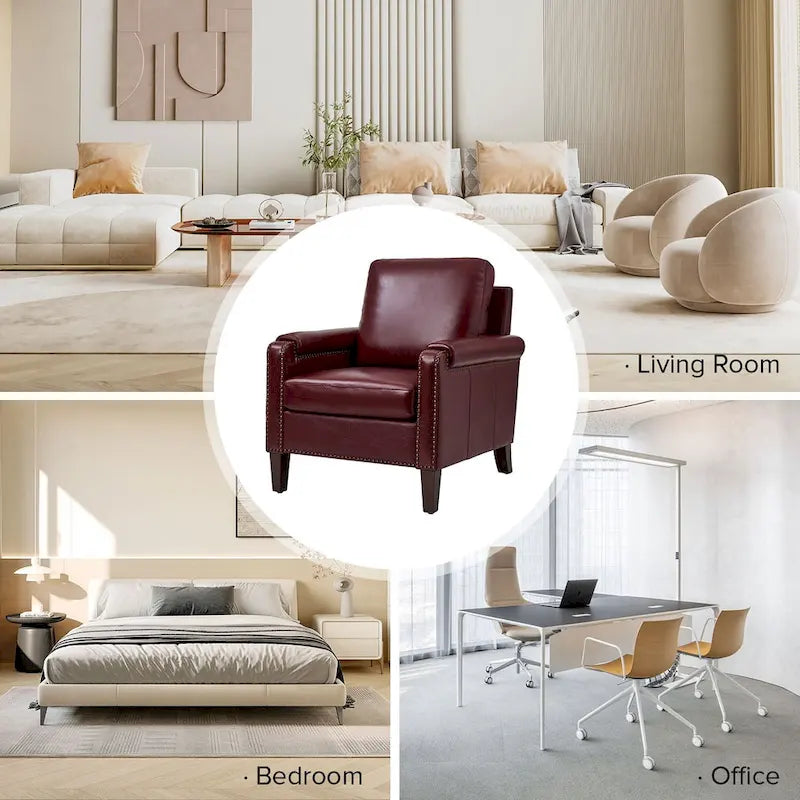 Fauteuil Kunz de transition en cuir véritable avec coussin amovible et clous décoratifs par HULALA HOME