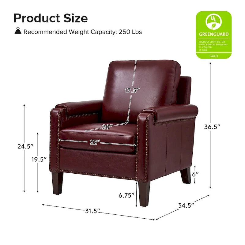 Fauteuil Kunz de transition en cuir véritable avec coussin amovible et clous décoratifs par HULALA HOME