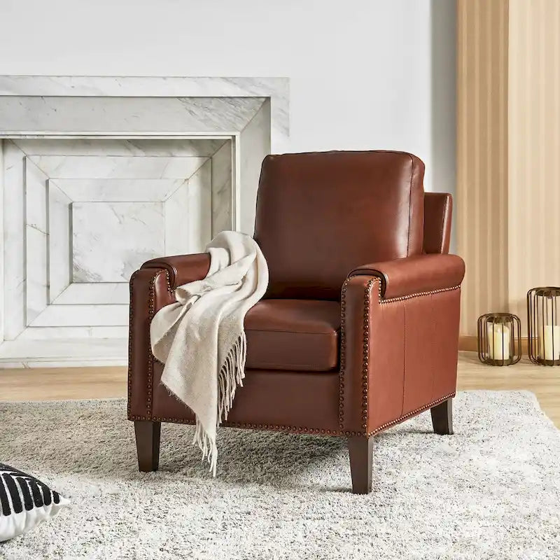 Fauteuil Kunz de transition en cuir véritable avec coussin amovible et clous décoratifs par HULALA HOME