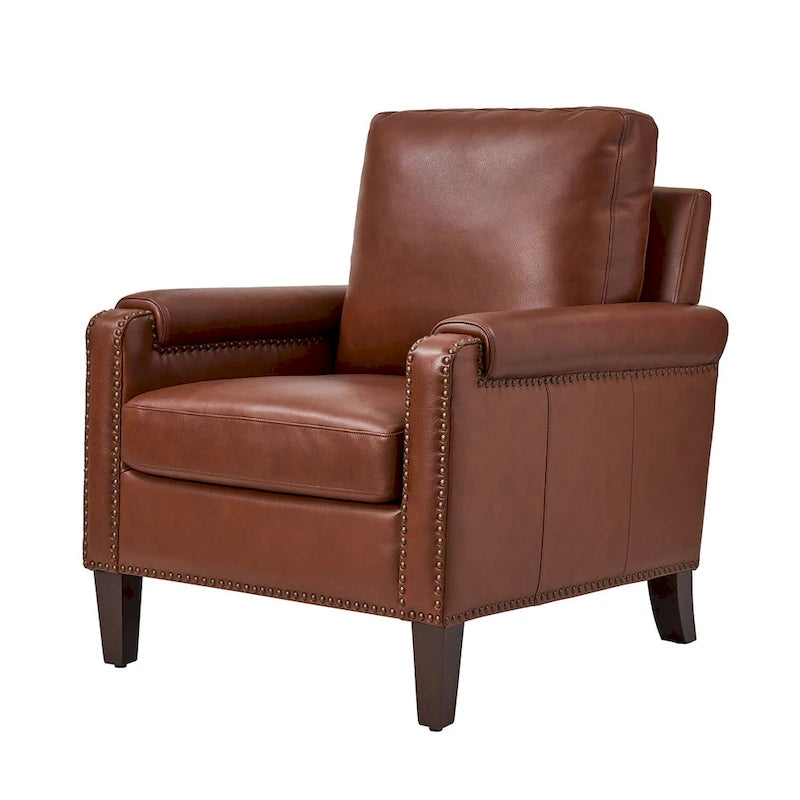 Fauteuil Kunz de transition en cuir véritable avec coussin amovible et clous décoratifs par HULALA HOME