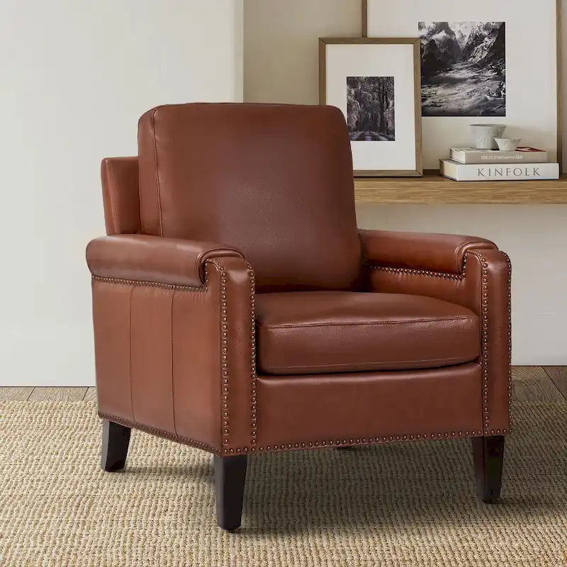 Fauteuil Kunz de transition en cuir véritable avec coussin amovible et clous décoratifs par HULALA HOME