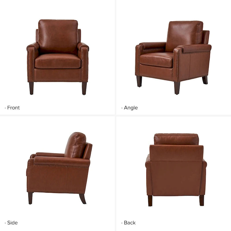 Fauteuil Kunz de transition en cuir véritable avec coussin amovible et clous décoratifs par HULALA HOME