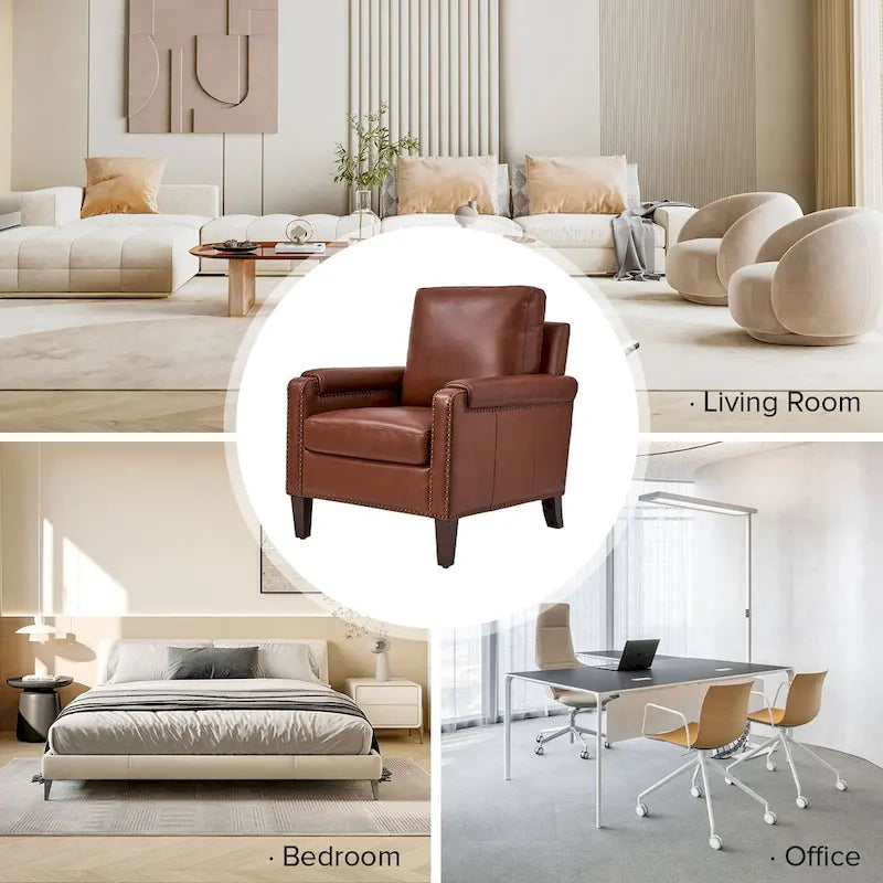 Fauteuil Kunz de transition en cuir véritable avec coussin amovible et clous décoratifs par HULALA HOME