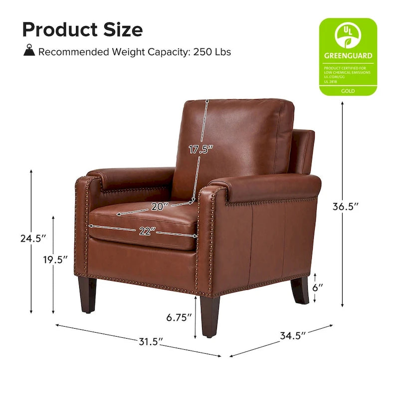 Fauteuil Kunz de transition en cuir véritable avec coussin amovible et clous décoratifs par HULALA HOME
