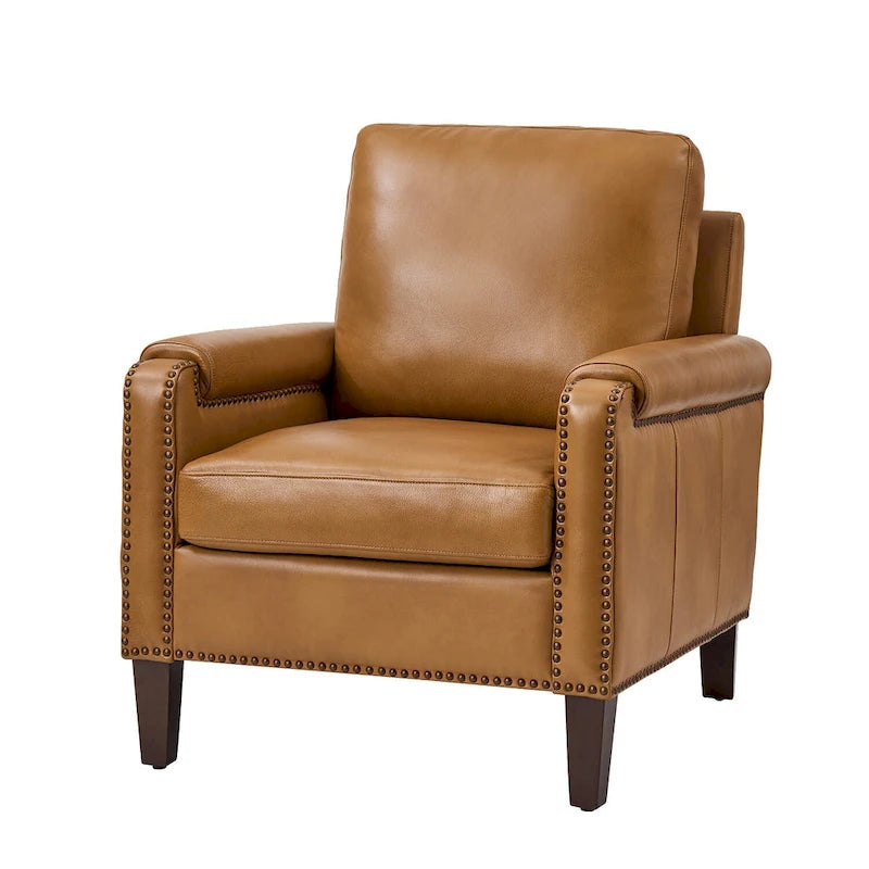Fauteuil Kunz de transition en cuir véritable avec coussin amovible et clous décoratifs par HULALA HOME