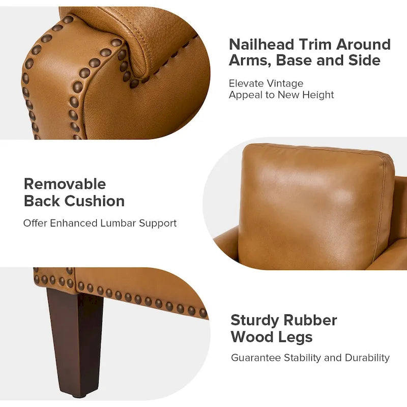 Fauteuil Kunz de transition en cuir véritable avec coussin amovible et clous décoratifs par HULALA HOME